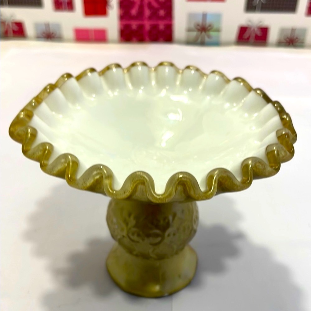 Fenton Elegant White and Gold Ruffled Pedestal Bowl